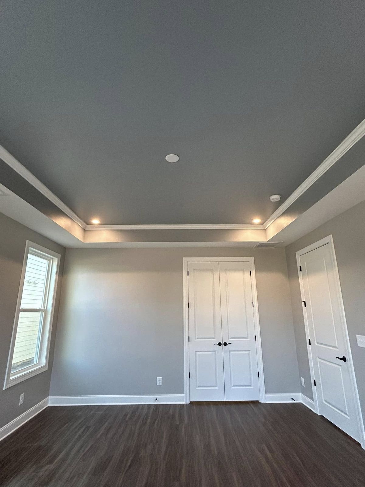 Room with a gray painted tray ceiling and white double doors